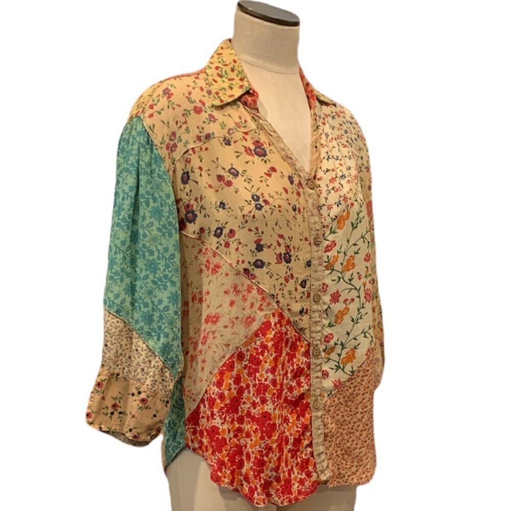 Sacred Threads Floral Patchwork Button Down Shirt… - image 5